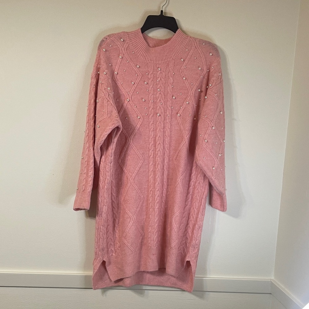 Francesca's Collections Pink Sweater with Pearl Details